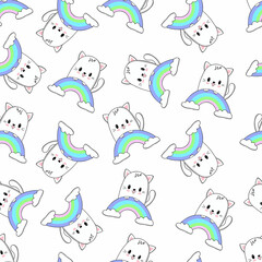 Obraz premium Cute kawaii cat with rainbow. Vector illustration. Seamless pattern.