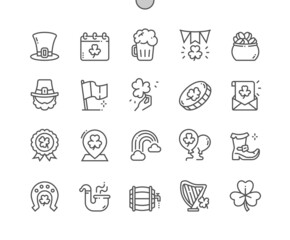 Saint Patricks Day 17 March. Leprechaun shoe. Calendar. Seventeenth of march. Holiday. Gold pot. Shamrock. Pixel Perfect Vector Thin Line Icons. Simple Minimal Pictogram