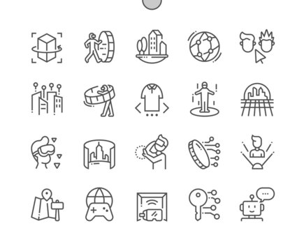 Metaverse. Meta world. Virtual space. Character avatar. Digital money. Cyber security. Pixel Perfect Vector Thin Line Icons. Simple Minimal Pictogram