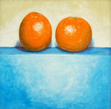 A straightforward painting of two oranges.