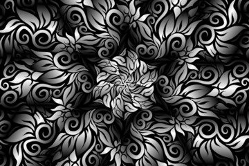 seamless Black and white caleidoscope gradient flower art pattern of indonesian traditional tenun batik ethnic dayak ornament for wallpaper ads background sticker or clothing