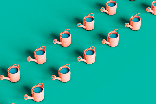 rows of Pink watering can on green background