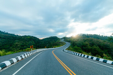 Road no.3 over top of mountains with green jungle in Nan province, Thailand 2022