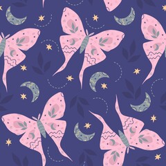 Seamless pattern with moths and leaves. Heavenly background with butterflies, stars, moon. Design for card, fabric, print, poster, clothes and textile