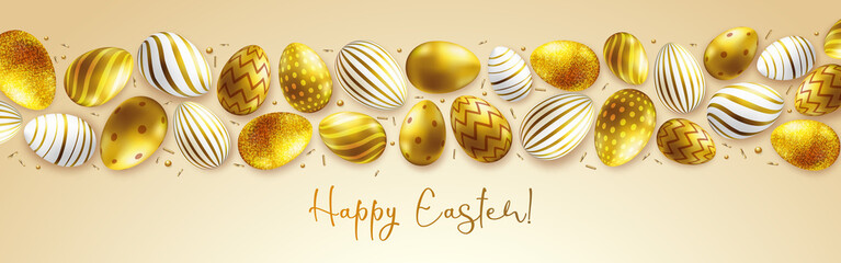 Holiday Easter background with golden easter eggs. Greeting card or poster. Vector illustration