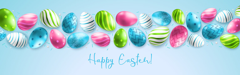 Holiday Easter background with colorful easter eggs. Greeting card or poster. Vector illustration