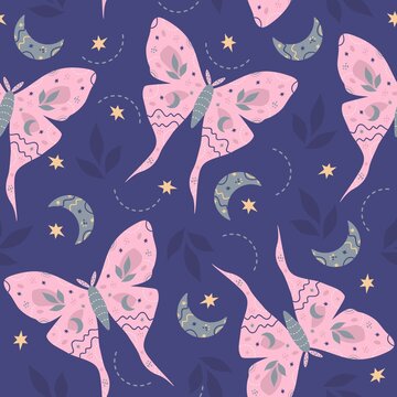 Seamless pattern with moths and leaves. Heavenly background with butterflies, stars, moon. Design for card, fabric, print, poster, clothes and textile
