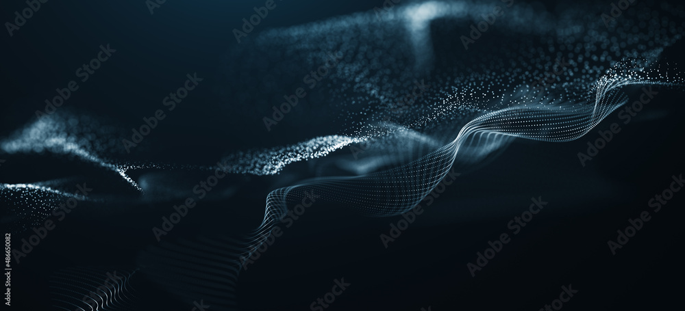 Wall mural beautiful wave shaped array of glowing dots. beautiful abstract wave technology background. light di