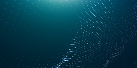 Obraz premium Abstract background with wave of flowing particles. smooth curve shape lines, particle array flow light background. 3d shape glowing dots blended mesh, technology relaxing wallpaper, landing page