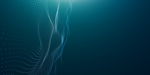 Abstract background with wave of flowing particles. smooth curve shape lines, particle array flow light background. 3d shape glowing dots blended mesh, technology relaxing wallpaper. 