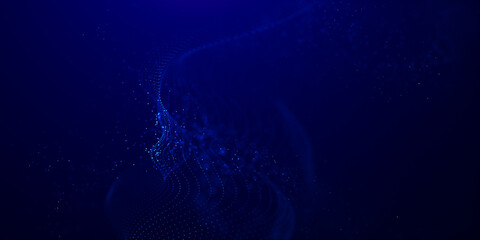 Abstract background with wave of flowing particles. smooth curve shape lines, particle array flow light background. 3d shape glowing dots blended mesh, technology relaxing wallpaper. 