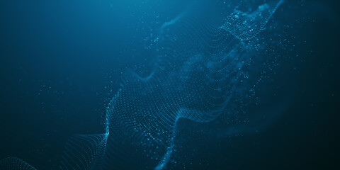 Abstract background with wave of flowing particles. smooth curve shape lines, particle array flow light background. 3d shape glowing dots blended mesh, technology relaxing wallpaper. 
