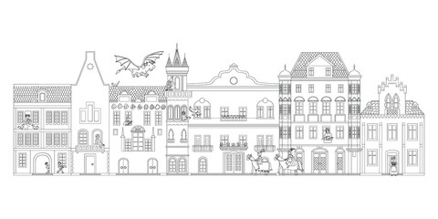 Obraz premium Vector medieval town doodle.Vector line illustration.Coloring book. Fairy houses with princess and dragon.