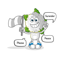 cauliflower head cartoon hold surrender flag mascot. cartoon vector