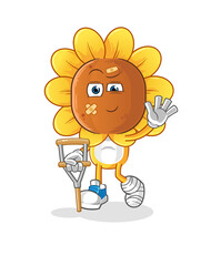 sunflower head cartoon sick with limping stick. cartoon vector