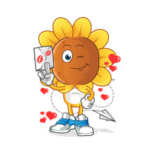 sunflower head cartoon hold love letter illustration. character vector