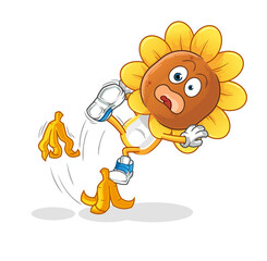 sunflower head cartoon slipped on banana. cartoon mascot vector