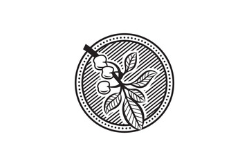 Botanical plant branches vector logo design retro image. Hand drawn curly plant twigs with leaves and cherry fruits. fruits in line style, design elements