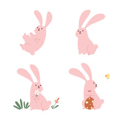 Set of cute pink rabbit cartoon character flat vector illustration isolated on white background. Happy Easter. Cute pastel animal character.