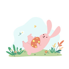 Cute pink buuny hold an easter egg on the grassland flat vector illustration isolated on white background. Happy Easter. Cute pastel animal character.