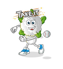 cauliflower head cartoon throwing baseball vector. cartoon character