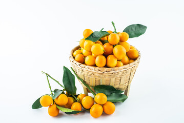 Bamboo basket full of fresh kumquats on white background