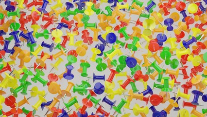 Fototapeta na wymiar 3d render, 3d background image of bright multicolored pushpins on a white background.