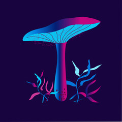 Abstract mushrooms,  neon color, black background. Futurism. Vector illustration, minimalist, hand drawn.