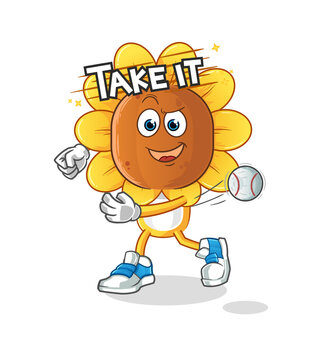 sunflower head cartoon throwing baseball vector. cartoon character