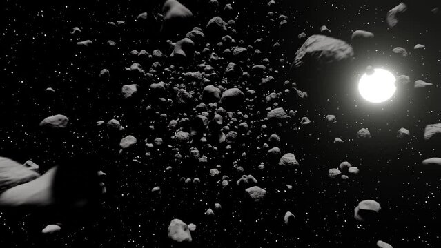 A 3D animation of flying through an asteroid field with personal point of view camera movement,  simulating flying while avoiding asteroids, including 360 degree barrel roll. 