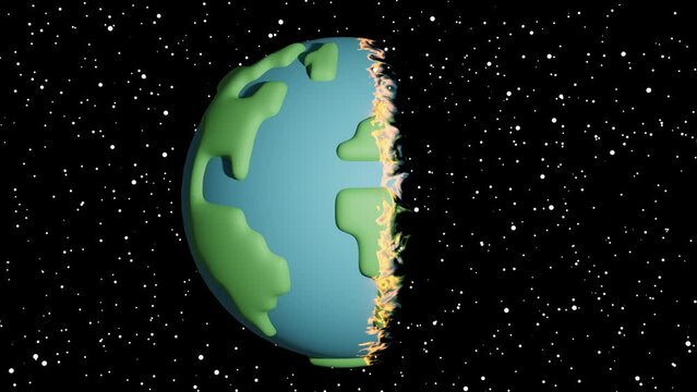 3D animation of a cartoon earth disappearing in flames from left to right. 