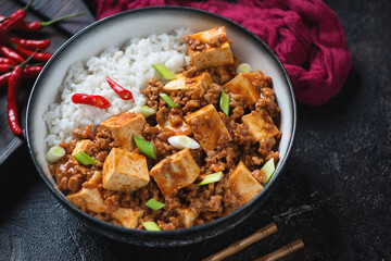 Bowl of mapo tofu or chinese dish made of tofu cubes, ground pork and sichuan peppercorns, middle closeup