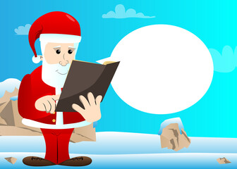 Santa Claus in his red clothes with white beard reading and pointing at an opened book. Vector cartoon character illustration.