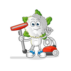 cauliflower head cartoon clean with a vacuum . character vector