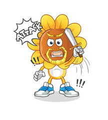 sunflower head cartoon knights attack with sword. cartoon vector