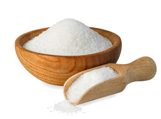sugar in wooden bowl and scoop isolated on white