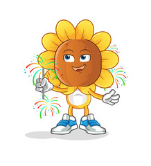 sunflower head cartoon with fireworks mascot. cartoon vector