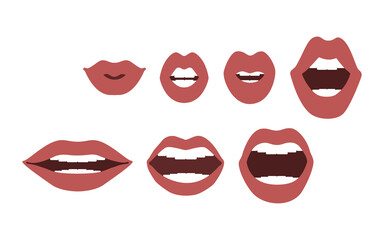 Set of illustrations open and closed lips of a woman with different expressions of emotions, flat design