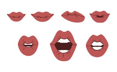 Set of illustrations open and closed lips of a woman with different expressions of emotions, flat design