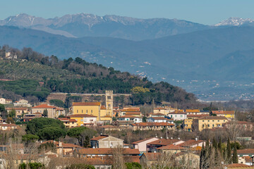 Panoramic aerial view of Cascine di Buti, Pisa, Italy, on a sunny day