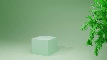 3d podium with green tree. Podum for product advertisement.