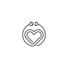 Heart with electric plug, charge, energy. Vector outline icon template