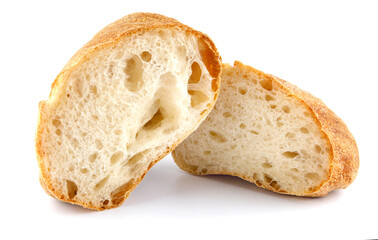 Ciabatta, loaf of bread cut in half isolated on white background.