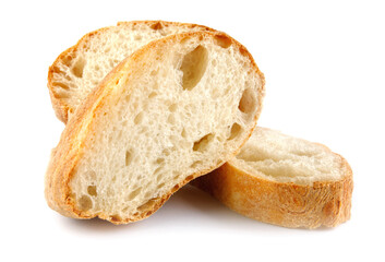 Ciabatta, loaf of bread cut in half isolated on white background.