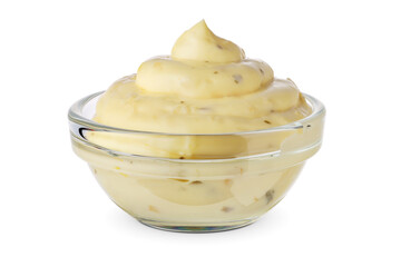 Tartar sauce in glass bowl isolated on white.