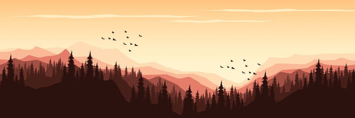 mountain landscape with forest silhouette flat design vector illustration for background, banner, backdrop, tourism design, apps background and wallpaper