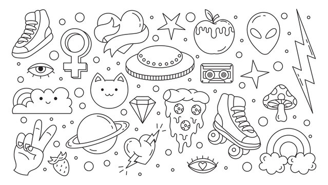 A set of retro tattoo elements, graffiti. Heart, lightning, stars, rollers, cassette, sneakers, pizza, eyes. Isolated doodles on a white background.
