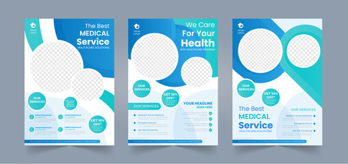 Medical poster or flyer pamphlet brochure design layout with editable photo background blue and green coronavirus vaccine for hospital and doctor clinic promotional template