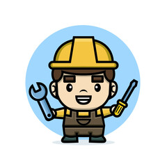 Cute characters builder holding screwdriver and wrench