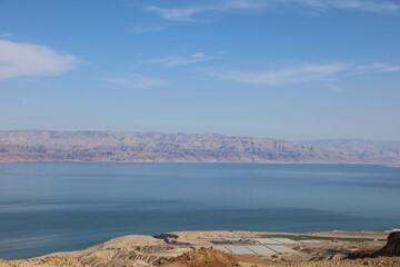 Top view from Masada fortress to the Judean desert and the Dead Sea. High quality photo